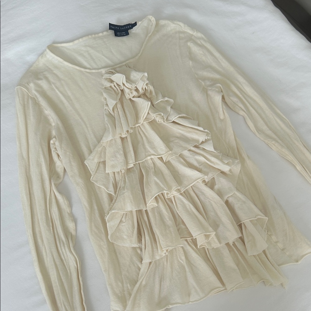 Ralph Lauren Blue Label Ivory Ruffle cotton Tee Blouse L
